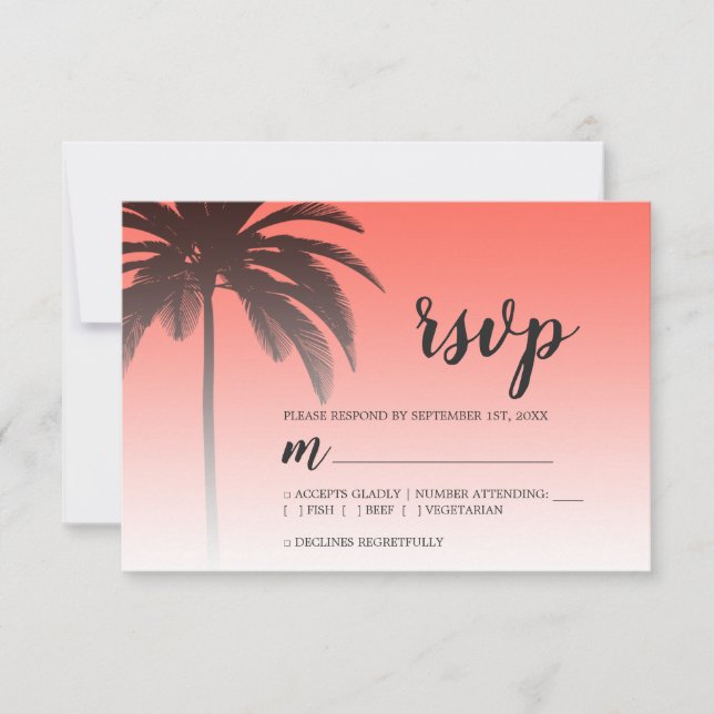 Tropical Palm Tree Coral Beach Hochzeit RSVP Karte (Vorderseite)