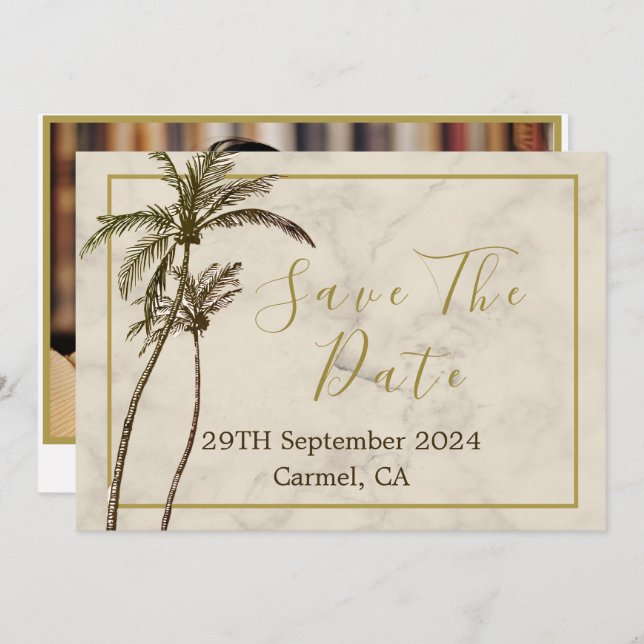 Tropical Palm Tree Elegante Moderne Rustikale Hoch Save The Date (Vorne/Hinten)
