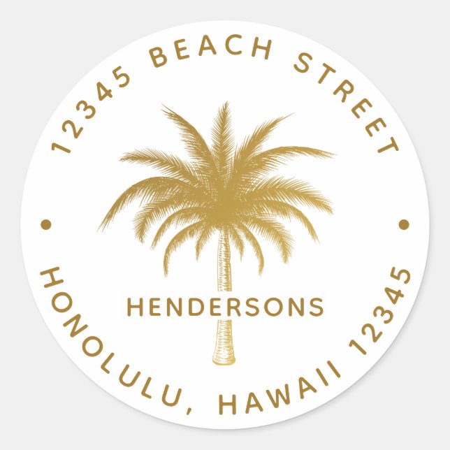 Tropical Palm Tree Family Name Gold Rücksendeadres Runder Aufkleber (Vorderseite)