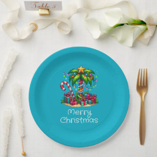 Tropical Palm Tree Frohe Weihnachten Pappteller