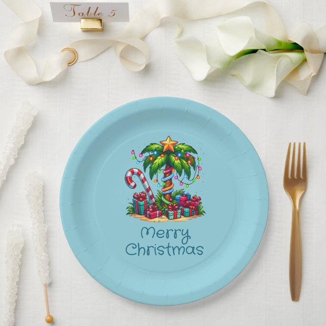 Tropical Palm Tree Frohe Weihnachten Pappteller (Hochzeit)