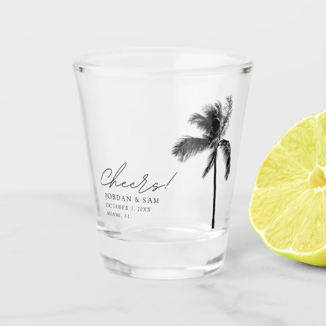 Tropical Palm Tree Gastgeschenk Hochzeit Cheers Mo Schnapsglas (Vorderseite)