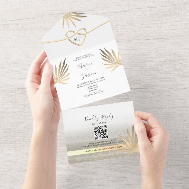 Tropical Palm Tree Gold Beach Hochzeit All In One Einladung (Abreißen)