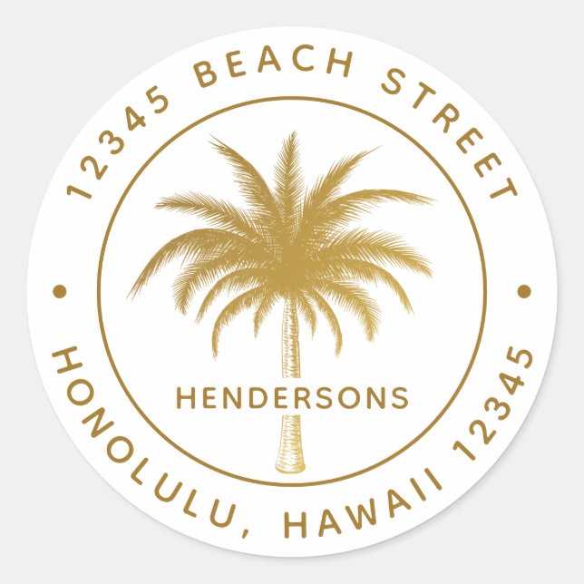 Tropical Palm Tree Gold Round Rücksendeadresse Runder Aufkleber (Vorderseite)