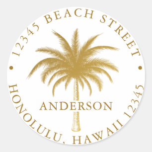 Tropical Palm Tree Gold Rücksendeadresse Runder Aufkleber