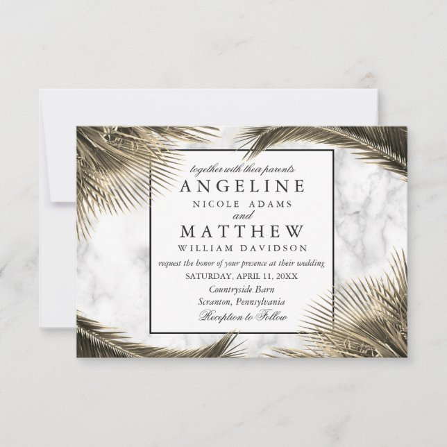 Tropical Palm Tree Green Marble Wedding Card Einladung (Vorderseite)