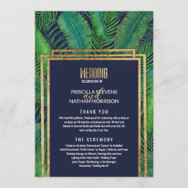 Tropical Palm Tree Greenery Gold Navy Blue Wedding Programm