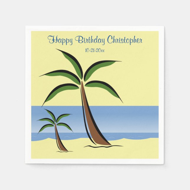 Tropical Palm Tree Happy Birthday Beach Name Serviette (Vorderseite)