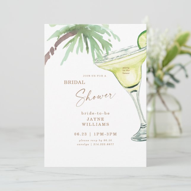 Tropical Palm Tree Margarita Brautparty Invita Einladung (Stehend Vorderseite)