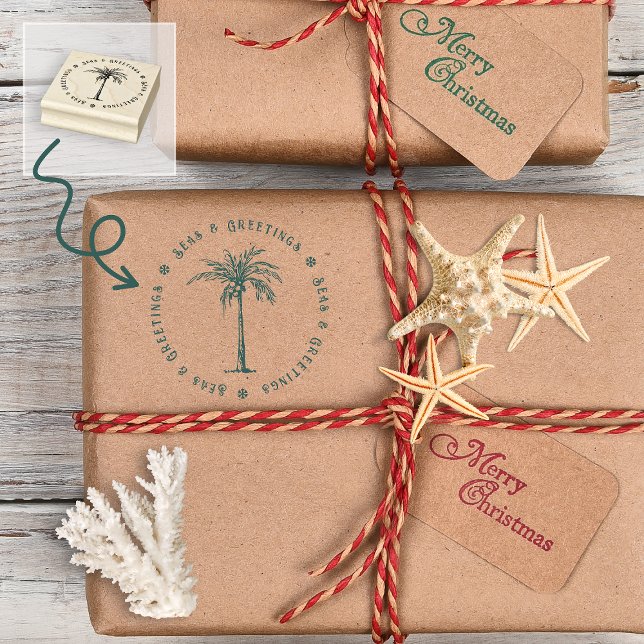 Tropical Palm Tree Meer und Grüße Weihnachten Gummistempel (Tropical Palm Tree Seas and Greetings Christmas Rubber Stamp)