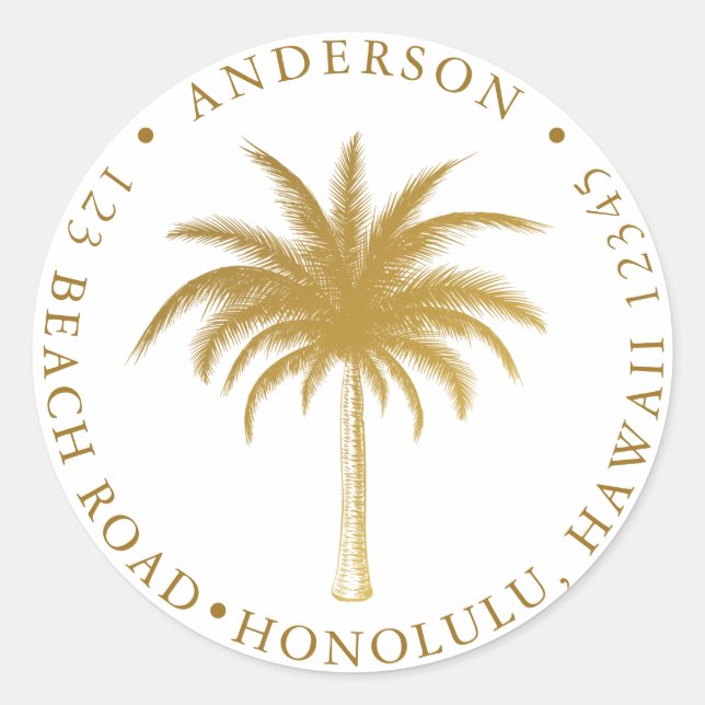 Tropical Palm Tree Moderne Gold Rücksendeadresse Runder Aufkleber (Vorderseite)
