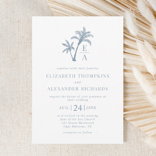 Tropical Palm Tree Monogram Beach Blue Wedding Einladung