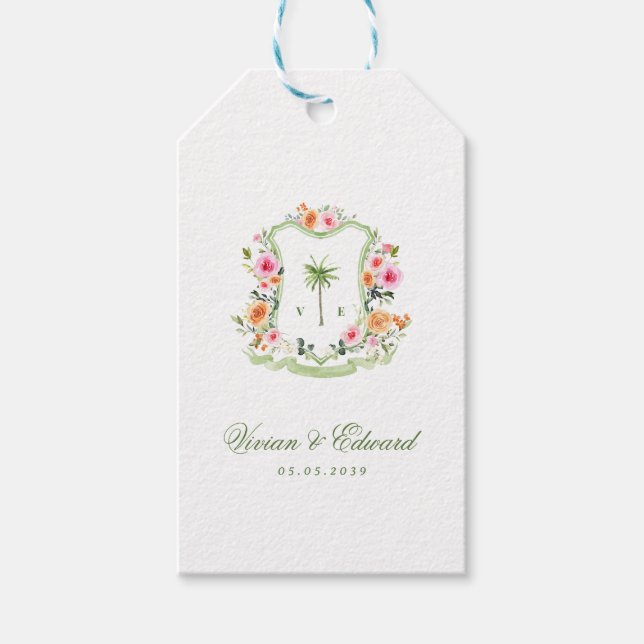 Tropical Palm Tree Monogram Crest Beach Wedding Geschenkanhänger (Vorderseite)