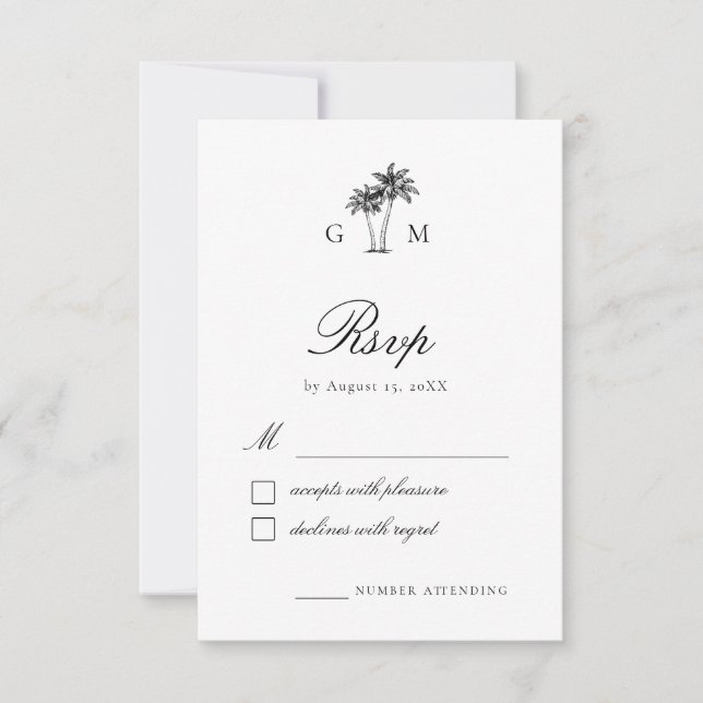 Tropical Palm Tree Monogram Destination Wedding RSVP Karte (Vorderseite)