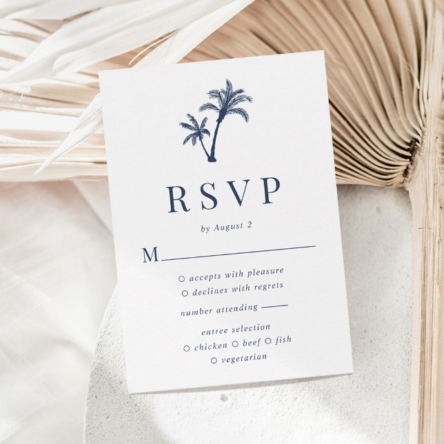 Tropical Palm Tree Navy Blue Beach Hochzeit RSVP Karte (Von Creator hochgeladen)