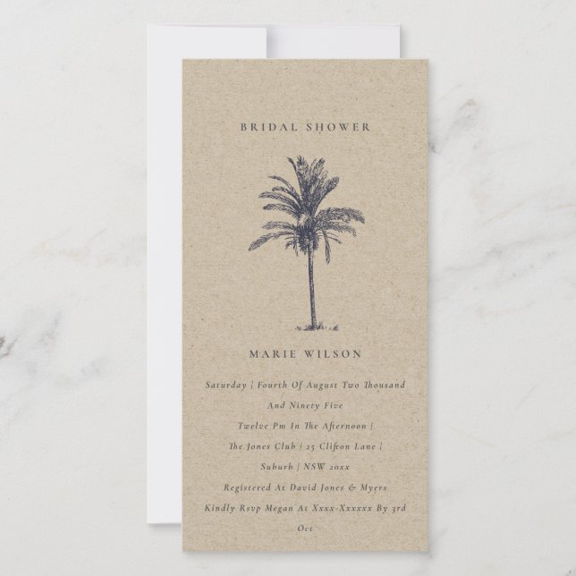 Tropical Palm Tree Navy Kraft Brautparty laden Dankeskarte (Vorderseite)