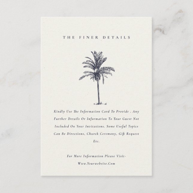 Tropical Palm Tree Navy Kraft Hochzeitsdetails Begleitkarte (Vorderseite)