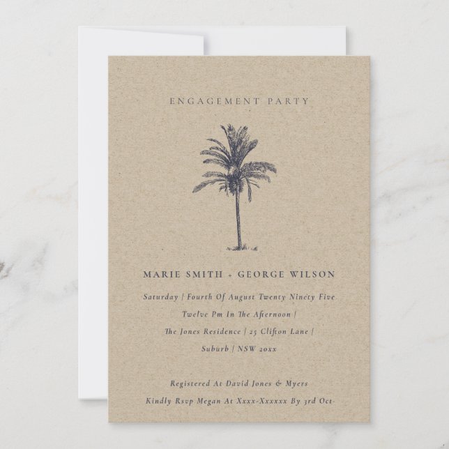 Tropical Palm Tree Navy Kraft Verlobung laden Dankeskarte (Vorderseite)