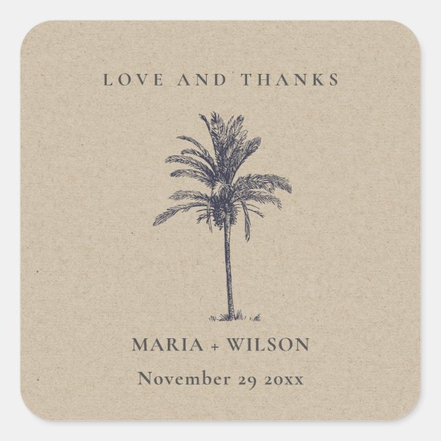 Tropical Palm Tree Navy Kraft Wedding Danke Quadratischer Aufkleber (Vorderseite)