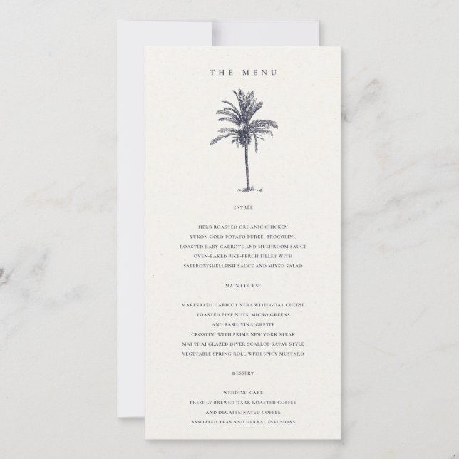 Tropical Palm Tree Navy Kraft Wedding Menu Card Dankeskarte (Vorderseite)