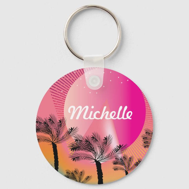 Tropical Palm Tree Neon Pink Muster Name Schlüsselanhänger (Vorderseite)