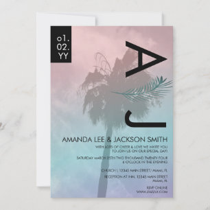 Tropical Palm Tree Realistic Pink Blue Wedding Inv Einladung