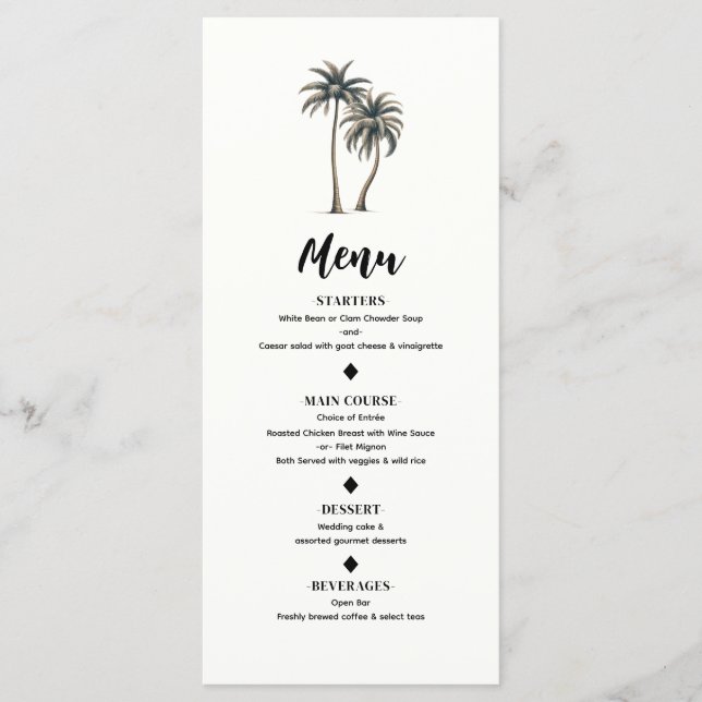 Tropical Palm Tree Rustic Coastal Wedding Menü Menükarte (Vorderseite)