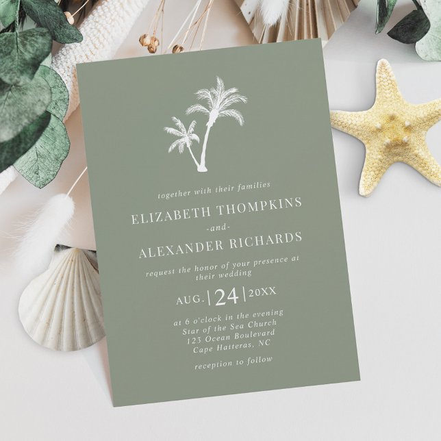 Tropical Palm Tree Sage Green Beach Hochzeit Einladung (Von Creator hochgeladen)