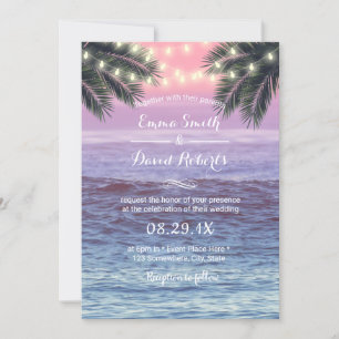 Tropical Palm Tree & String Lights Beach Wedding Einladung