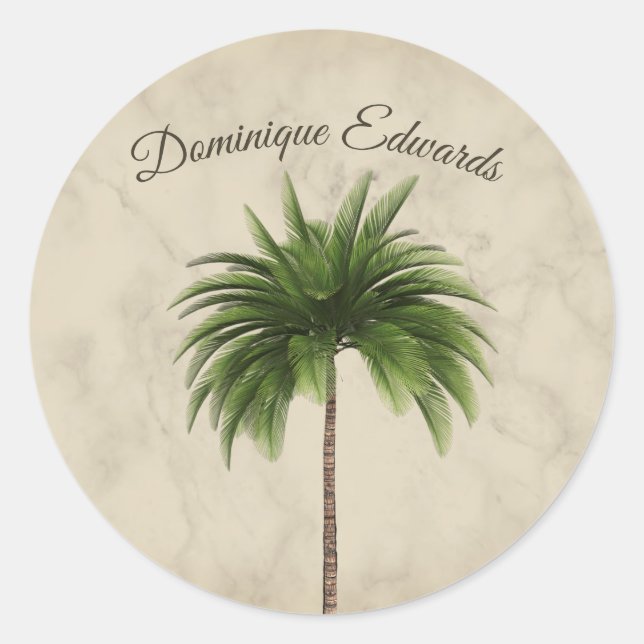 Tropical Palm Tree Stylish Marbled Personal Runder Aufkleber (Vorderseite)