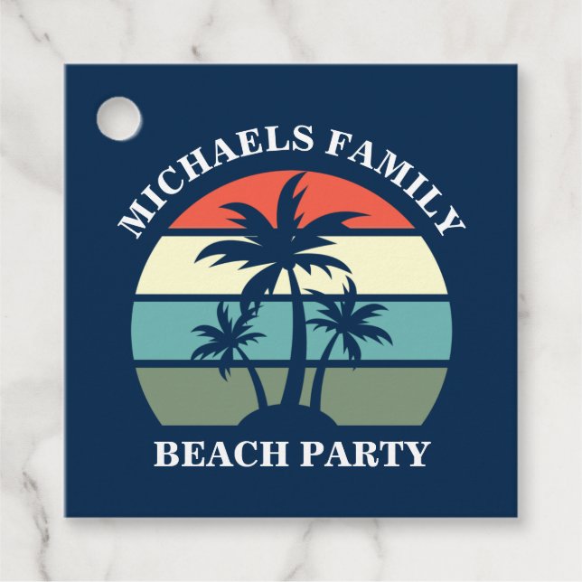 Tropical Palm Tree Sunset Custom Blue Beach Party Geschenkanhänger (Vorderseite)