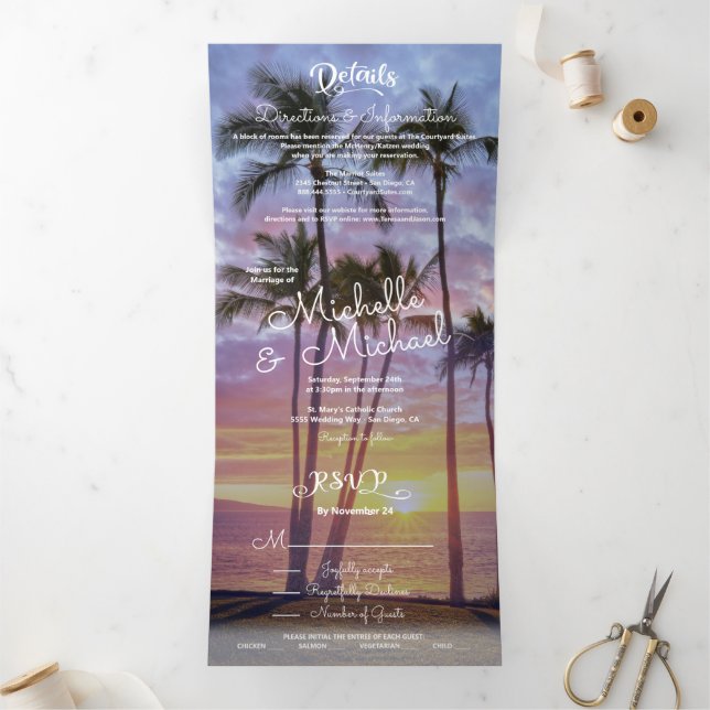 Tropical Palm Tree Sunset Dreifach Gefaltete Einladung (Innenseite)