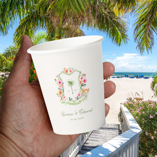 Tropical Palm Tree Wappen Monogram Summer Wedding Pappbecher