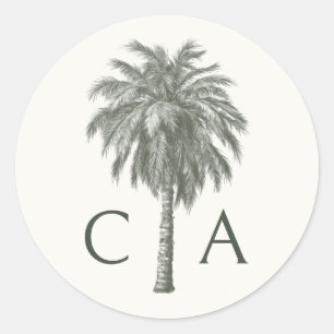 Tropical Palm Tree Wedding Initials Monogram Runder Aufkleber