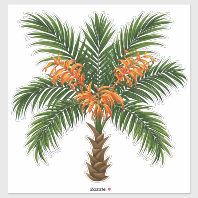 Tropical Palm Tree With Bright Orange Flowers Aufkleber (Blatt)