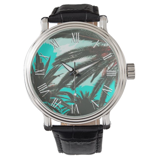 Tropical Palm Trees Aquamarin Sky | Männerwache Armbanduhr (Vorderseite)