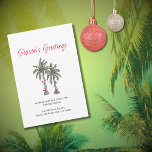 Tropical Palm Trees Beach Weihnachtsvorstellung Feiertagskarte<br><div class="desc">Tropical Beach Weihnachtskarte,  mit einer Darstellung von Palmen und Schriftzeichen. Mit anpassbarer Schrift fügen Sie Ihre eigenen Informationen hinzu. Eine festliche Art,  Urlaubswünsche an Freunde und Familie aus den Tropen zu senden.</div>