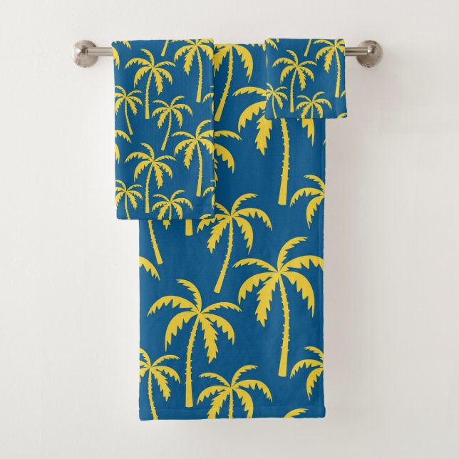 Tropical Palm Trees Blue Yellow Beach Island Badhandtuch Set (Insitu)