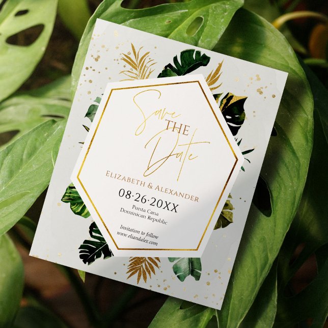 Tropical Palm Trees Gilded Script Save the Date (Von Creator hochgeladen)