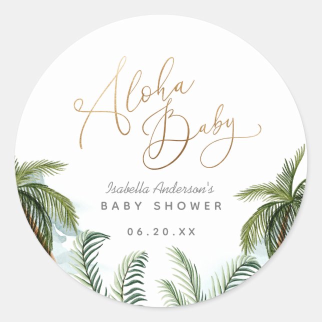Tropical Palm Trees Gold Script Aloha Baby Dusche Runder Aufkleber (Vorderseite)