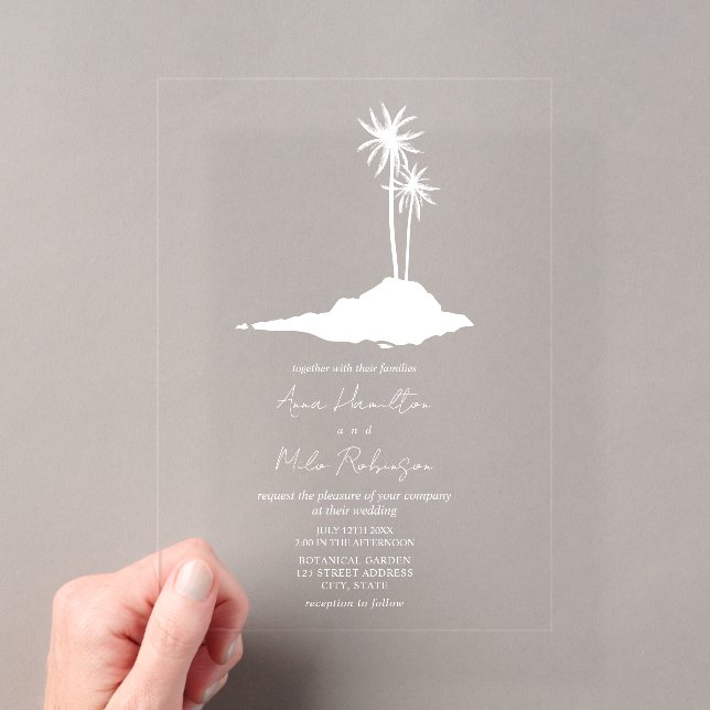 Tropical Palm Trees Island Beach Hochzeit Acryleinladungen (Insitu (Handheld))