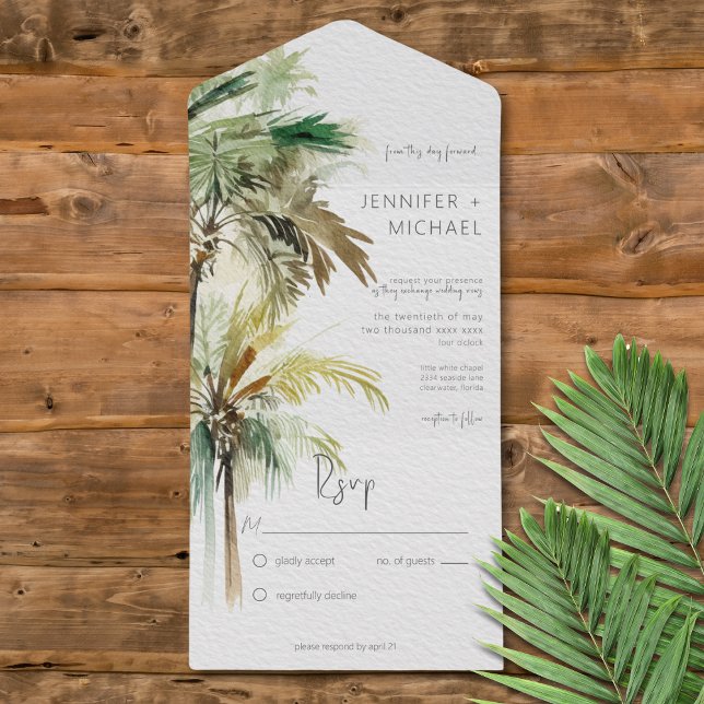 Tropical Palm Trees Modern Kein Abendessen All In One Einladung (Tropical Palm Trees Modern All in One Wedding Invitation without Dinner Options)
