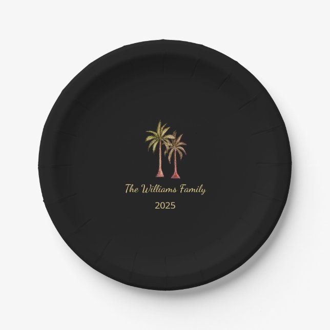 Tropical Palm Trees Summer Swim Party Black Pappteller (Vorderseite)