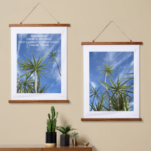 Tropical Palm Trees Twain Zitat Blau und Weiß Wandteppich Mit Holzrahmen