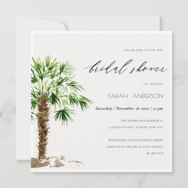 Tropical Palm Watercolor Brautparty laden ein Dankeskarte (Vorderseite)