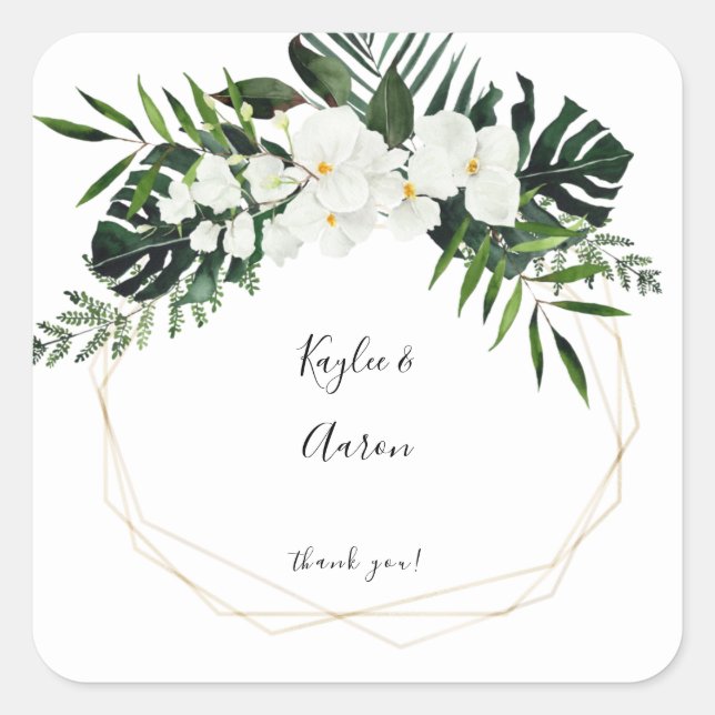 Tropical Palm & White Floral Danke 2 Quadratischer Aufkleber (Vorderseite)