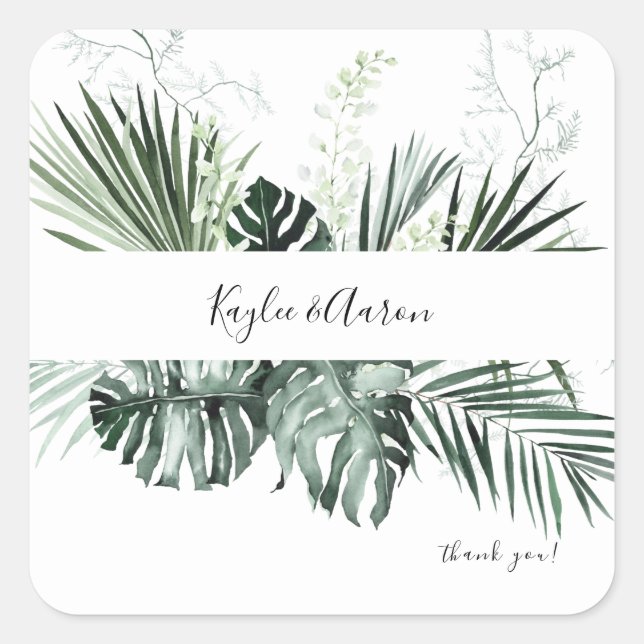 Tropical Palm & White Floral Vielen Dank Quadratischer Aufkleber (Vorderseite)
