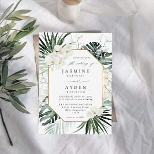 Tropical Palm & White Floral Wedding V2B LNM Einladung
