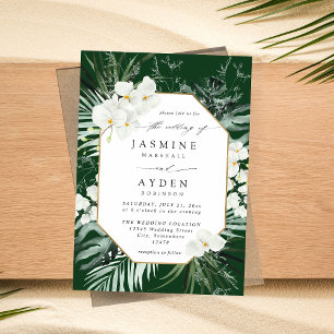 Tropical Palm & White Floral Wedding V2B LNM Green Einladung