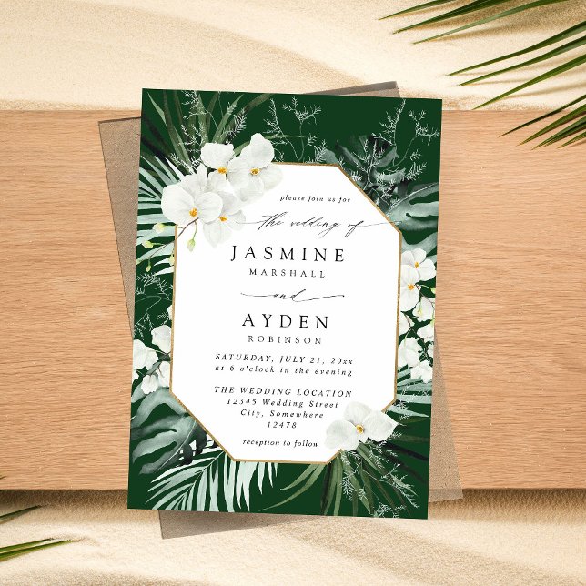 Tropical Palm & White Floral Wedding V2B LNM Green Einladung (Von Creator hochgeladen)